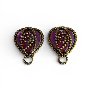 Vintage Magenta Heart Clip On Earrings Gold Tone Statement